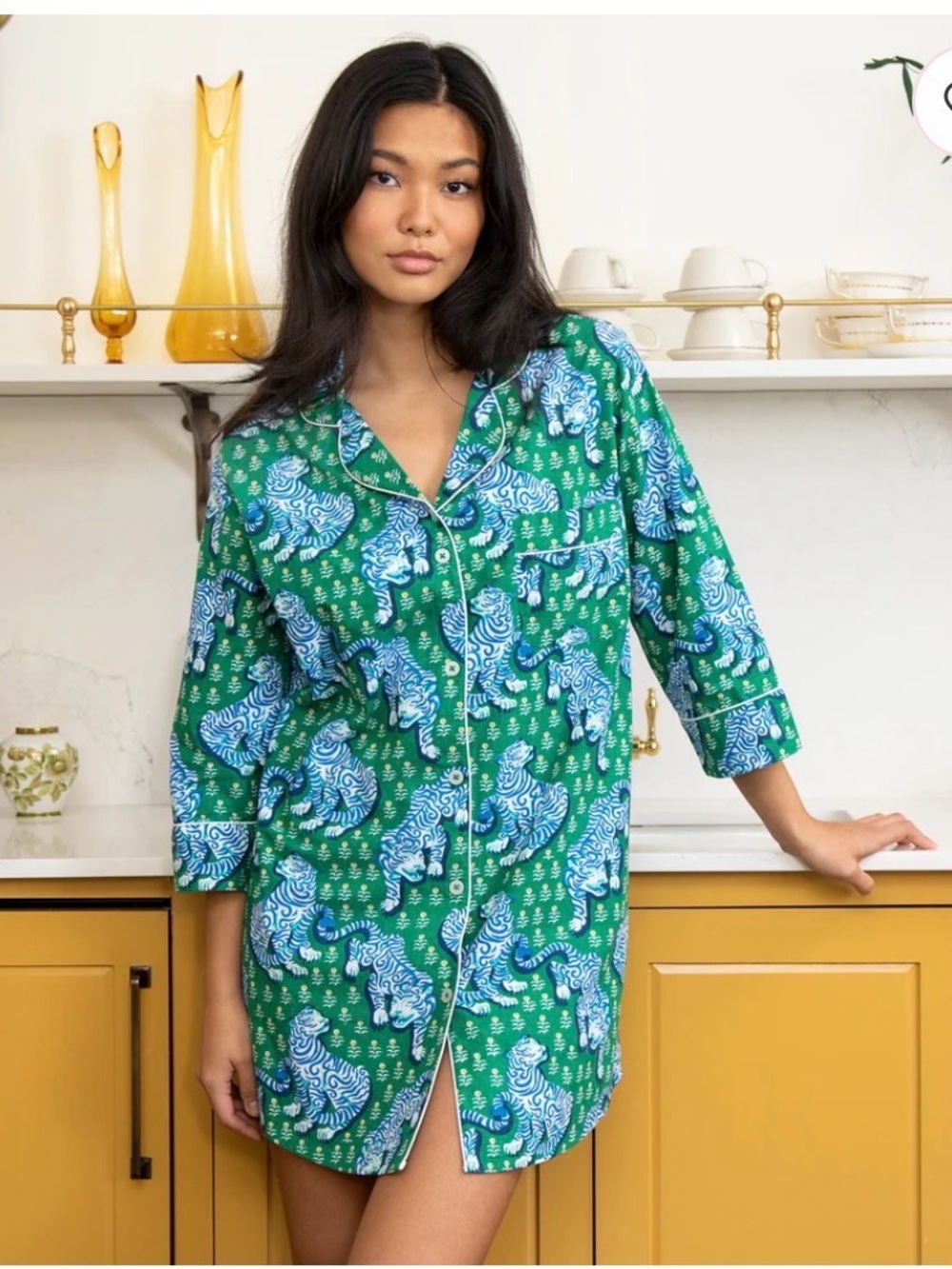 Printfresh Green Button-Up Nightshirt with Blue Tiger Print